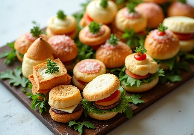 Et cateringbrett med et utvalg av sandwicher og bakst.