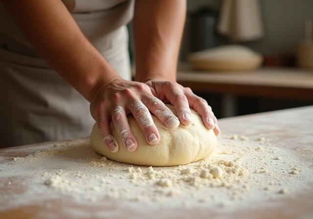 En baker som elter deig for hånd på et melet bord.